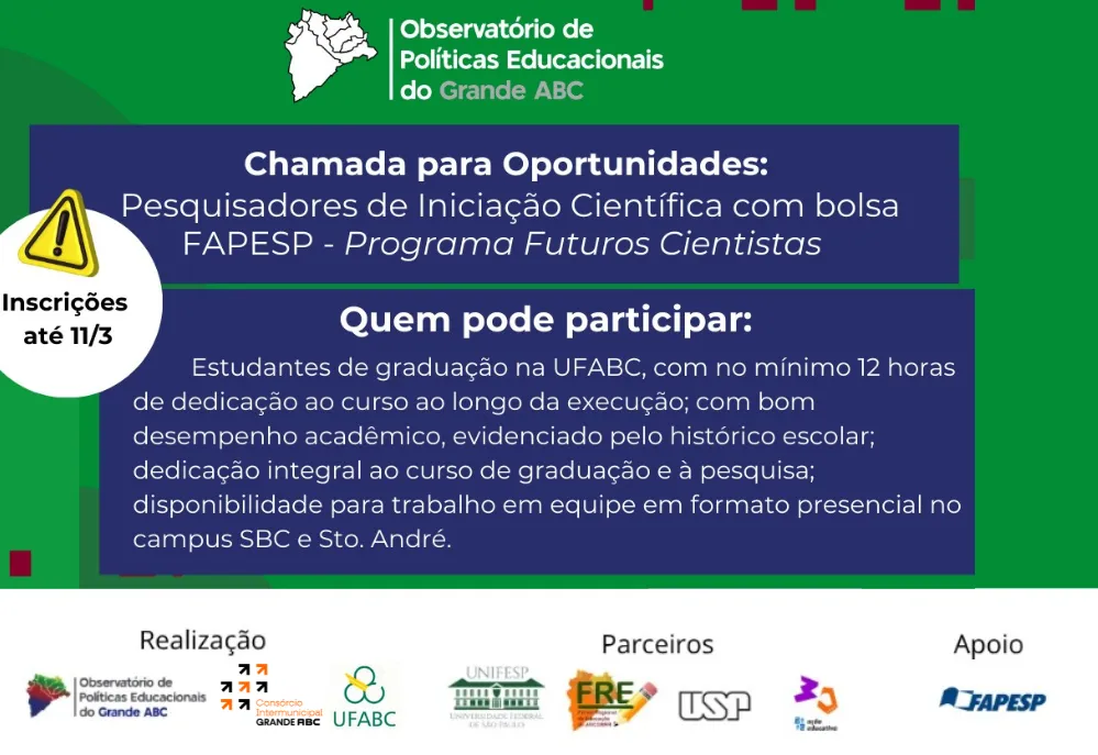 Observatório de Políticas Educacionais do Grande ABC abre inscrições para bolsas de iniciação científica
